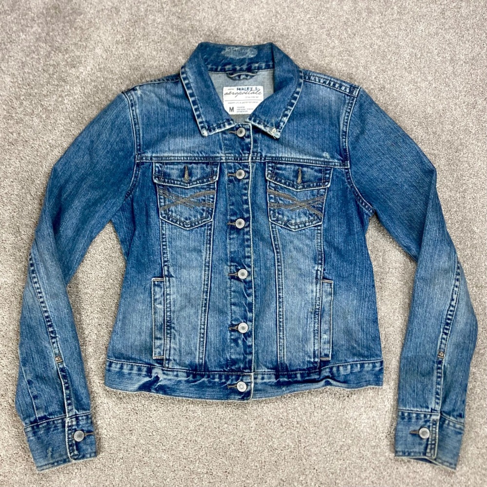 Aeropostale Womens Button Up Denim Bree Jacket Medium Blue Trucker Distress Y2k